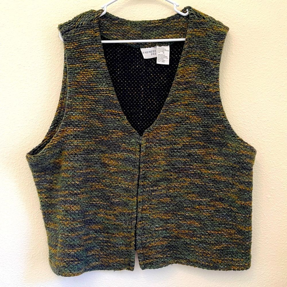 Halmode Boucle' Knit Sweater Vest Zipper Front Green Gold Vintage 90s 2X
